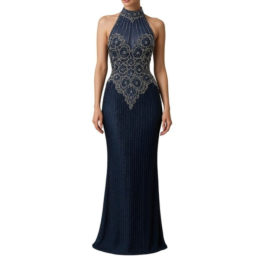 Lillie Rubin Navy‎ Blue Silk Beaded Halter Evening Gown Maxi Dress Womens 6